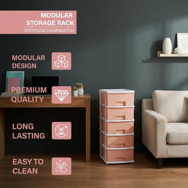 Image of Plastic Modular Drawer Storage Chest Of Drawers Organizer Storage Box, Large Stomo Racks For Multipurpose Anti-slip Shoes Organizers (Pink, 5 Layer)