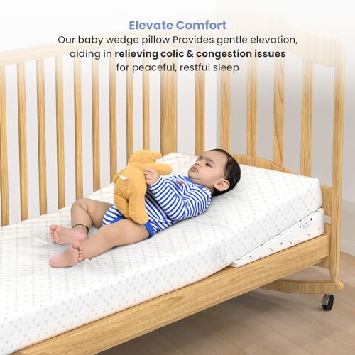 Image of Cherilo Standard Elevated Wedge Pillow for Baby Crib & Mattress, Elevate Baby to Prevent Acid Reflux, Colic, Gerd, Heat Burn, 14 inch X 19 inch X 3.5 inch - with Removable Cover - Triangle Design - White