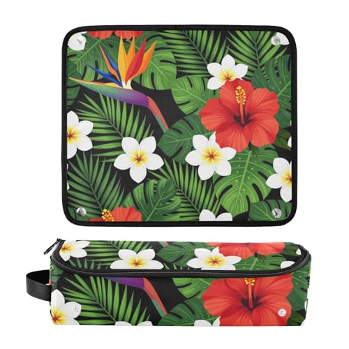 Estuche de viaje 2 en 1 para plancha rizadora con tapete resistente al agua para planchas y rizadores, diseño de palma y flores de hibisco miniatura 3