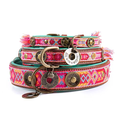 Dog with a Mission - Hundehalsband L | Farbenfroh in Rosa und Türkis | Boho, Ethno, Ibiza, Hippie | Ideal für große Hunde | Handgemacht | Modisch und Bunt | Aus weichem Echtes Leder | 4 cm Breit