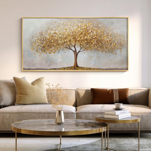 Gold Framed Tree of Life Wall Art, Large Modern Canvas Prints Paintings Artwork for Walls, Luxury Golden Big Tree Pictures for Living Room Bedroom Dining Room Fireplace Office Wall Decor, 48x24