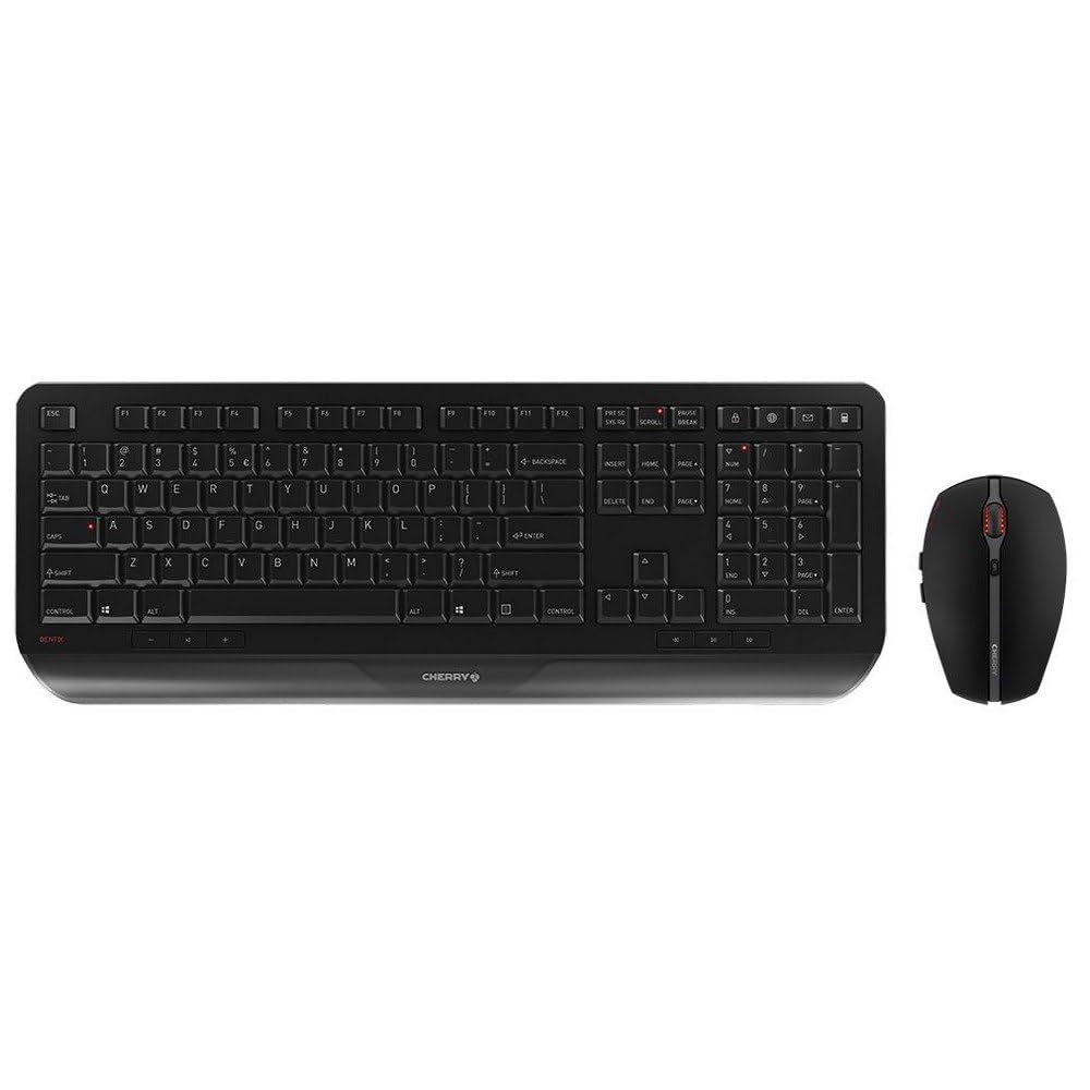 CHERRY GENTIX Desktop, Ensemble Clavier et Souris sans Fil, Disposition Suisse (QWERTZ), Radio 2,4 GHz, Repose-Poignets Intégré, Souris Symétrique, Noir