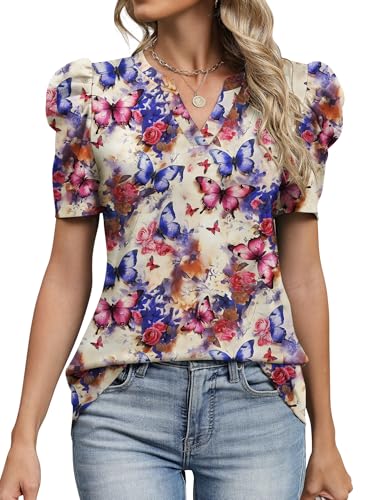 Image of LOMON Spring Summer Tops for Women 2026 V Neck Puff Short Sleeve Tops Fashion Trendy Work Blouses Dressy Casual S-XXL
