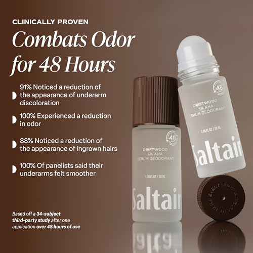 Image of Saltair Serum Deodorant 2 Pack - 5% AHA - Aluminum-Free Odor Control for Women & Men - Mandelic Acid Deodorant with Lactic Acid - Driftwood Scent - 2x 1.7oz Travel Roll On