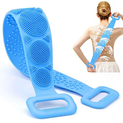 Escova de banho de silicone, alça de esfregão para as costas, lavagem profunda e massagem dupla, alça longa esfoliante, escova de limpeza para chuveiro
