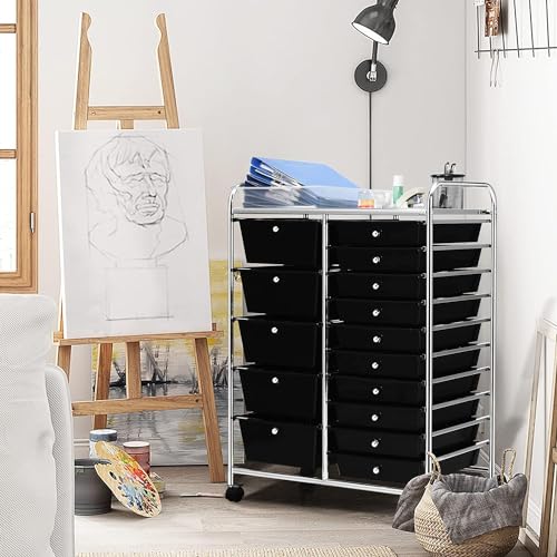 Image of LDAILY 15 Drawer Rolling Storage Cart, Rolling Cart with Drawers for Classroom, Art Supply Craft Organizer on Wheel with Metal Frame & Handles for Home Office School