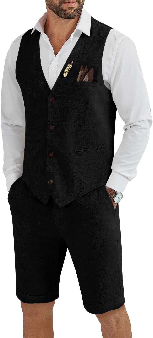 Men's Linen 2 Piece Suit Slim Fit Wedding Groom Groomsmen Summer Vest Shorts Set