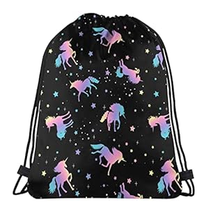 Unicorn And Star Silhouettes Pattern Print Drawstring Backpack,Sackpack String Bag Cinch Water Resistant Nylon Beach Bag for Gym Shopping Sport Yoga