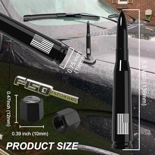 Image of Car Bullet Antenna Replacement with Valve Stem Cap for Ford F150 F250 F350 Super Duty Raptor Bronco Dodge Ram Chevy Silverado GMC Sierra 1500 2500 3500 Truck Accessories 1990-2024 (Black)
