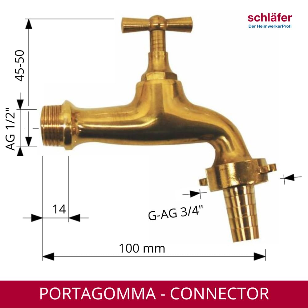 Schläfer 4335115 - Robinet porte-caoutchouc 1/2 mâle en laiton porte-caoutchouc 3/4(15-19 mm) Levier papillon, robinet extérieur jardin 1/2, Robinet d'eau extérieur laiton, robinet bronze brillant