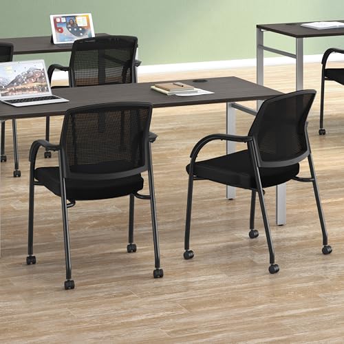 Image of HON Lota Mesh Office Chair with Arms and Casters, Guest and Conference Desk Chair for Reception Areas, Waiting Rooms, and Offices, Fabric Seat, Stackable Design, Black