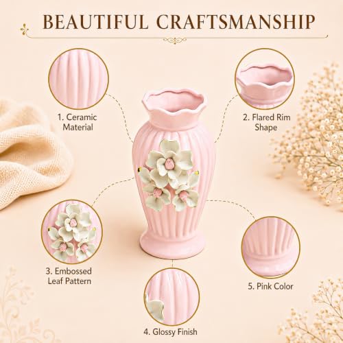 Image of MARKET 99 Pink Ceramic Decorative Vase | Glossy Flared Rim Embossed Leaf Pattern Flower Vase | Elegant Tabletop Accent for Fresh Flowers, Artificial Stems, Home, Office & Shelf Decor