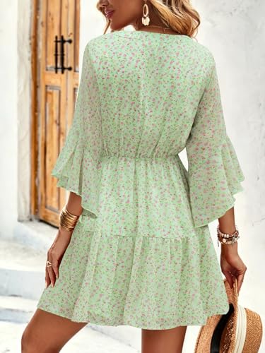 Image of Womens Spring Summer Mini Dress Western Ruffled Sleeve Chiffon V Neck Flowy A Line Short Wedding Guest Party Dresses