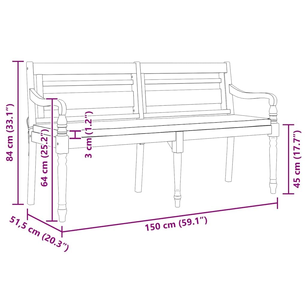 Batavia - Banco para exteriores con cojín, 150 cm, madera maciza de teca con cojines, banco de jardín con reposabrazos curvados y tallas decorativas