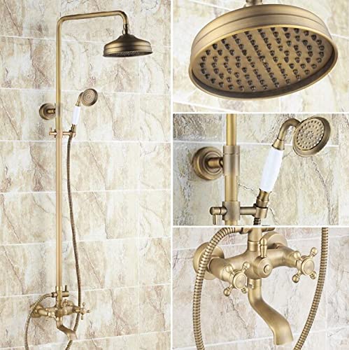 Robinet de douche retro double poignee croisee laiton antique avec pommeau de pluie Mrs126