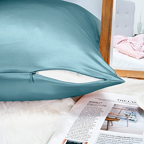 100% Mulberry Silk Pillowcase for Hair and Skin, 22 Momme Pure Natural Silk Pillow Case Both Sided with Zipper, Pillow Cover for Women Mom Men (Airy Blue, King 20''×40'')