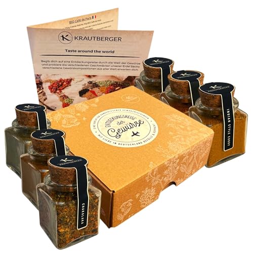 Krautberger BIO Gewürze Geschenkbox I 6 Gewürzmischungen aus aller Welt Geschenk Premium Box Vatertagsgeschenk Muttertagsgeschenk I Geschenkset Exotische Gewürzmischungen in Bio-Qualität + Rezepte