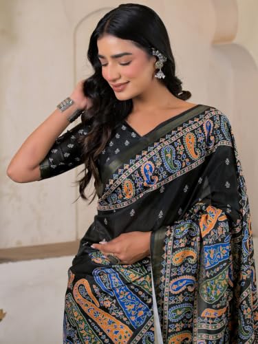 Image of SIRIL Women's Printed Silk Saree with Zari Border & Tassels