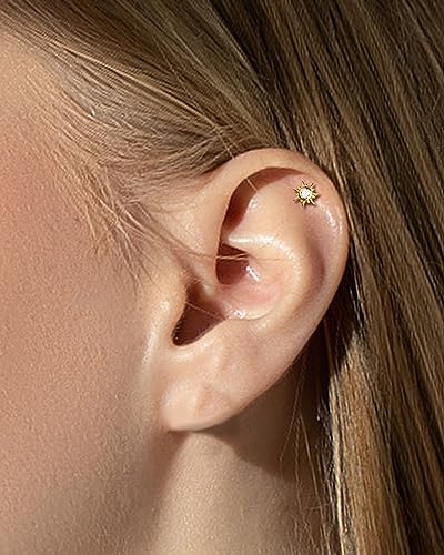 COCHARM 14K Solid Gold Threadless Sun Helix Flat Tragus Earring Stud Flat Back 16g Cartilage Earring Yellow Gold Push Pin Cartilage Piercing 8mm 6mm Tragus Piercing Jewelry2