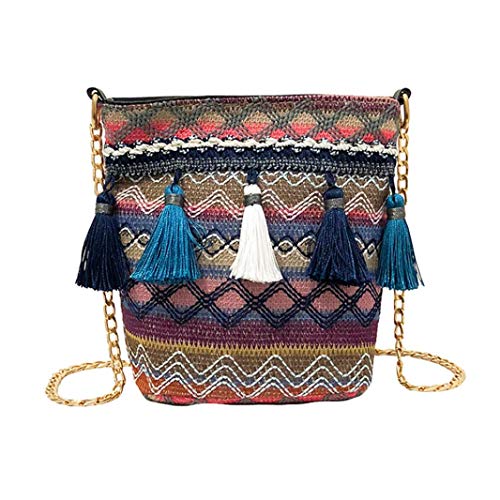 Gaddrt Vintage Straw Women's Shoulder Bag Weaving Tassel Messenger Crossbody Beach Bag Blue