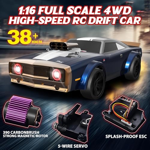 Image of Drift Stunt Remote Control Car, 1 /16 RTR Muscle Caar 35Km /h High Speed RC Drift Car for Adults, 4X4 All Road Drifting Truckr, Drift Rc Car with 7 Modes Angle Eyes Lights Drift Stunt Car