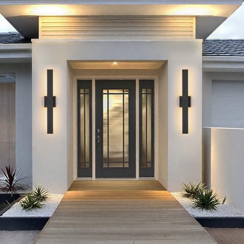 Image of Modern Outdoor Wall Light 3CCT Dimmable LED Outdoor Sconce Lights with Remote Control(3000K 4000K 6000K), 27.2 inch Black Outside Light Fixtures for House Front Door Garage Porch & Patio