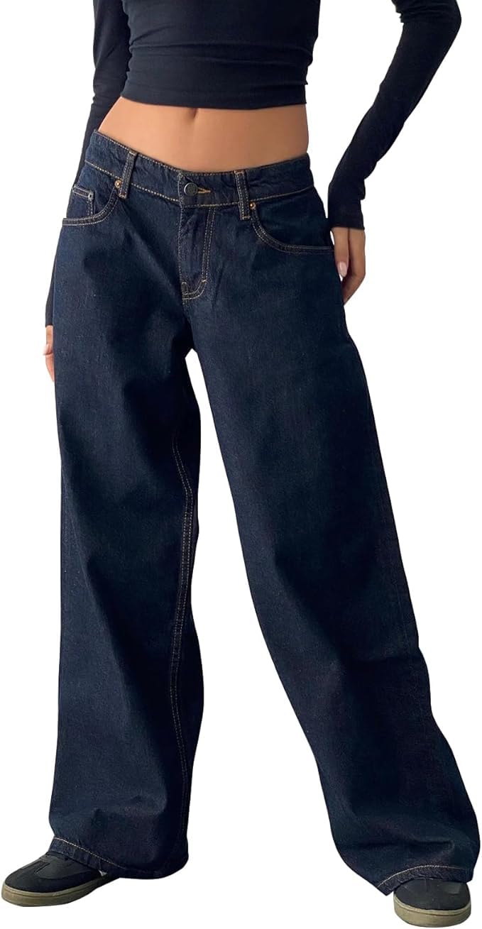Women Y2K Low Rise Baggy Jeans Loose Fit Boyfriend Straight Wide Leg Denim Pants Streetwear Trousers Fall Outfits