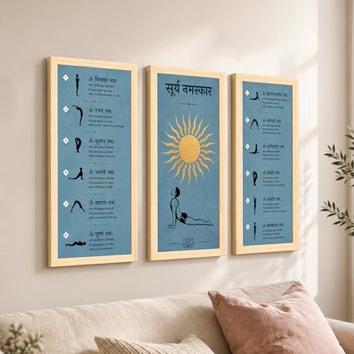 Image of Surya Namaskar Framed Wall Art Painting for Living Room, Set of 3 Sun Salutation Yoga Poses Infographic Poster with 12 Sanskrit Mantras & Meanings, Spiritual Exercise Gym, Home Decor (Size 24x48 cm)