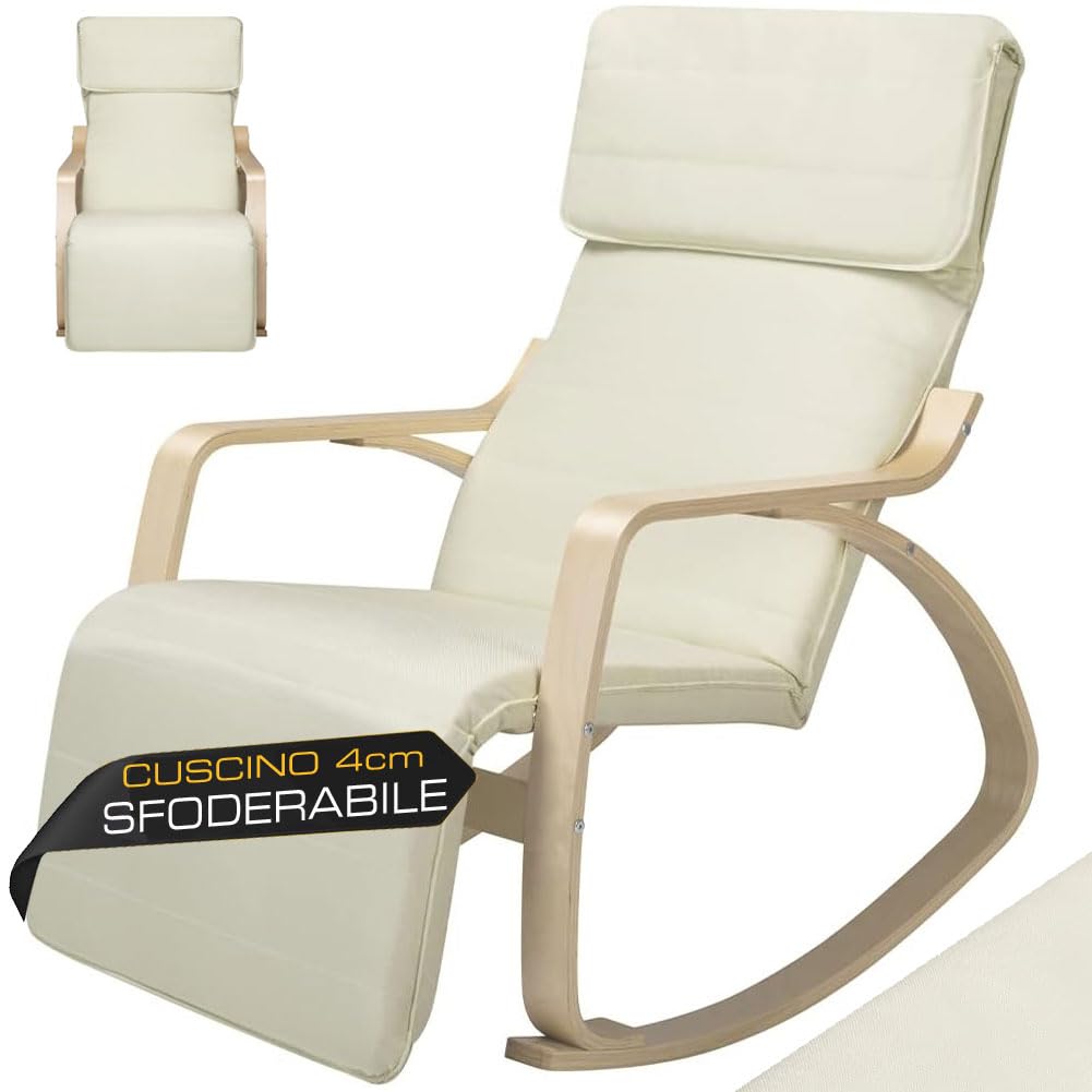BAKAJI Sedia a Dondolo in Legno di Betulla con Rivestimento in Cotone Imbottito in Spugna Altissima Densità, Oscillante Relax con Poggiapiedi Regolabile e Cuscino, (Beige)