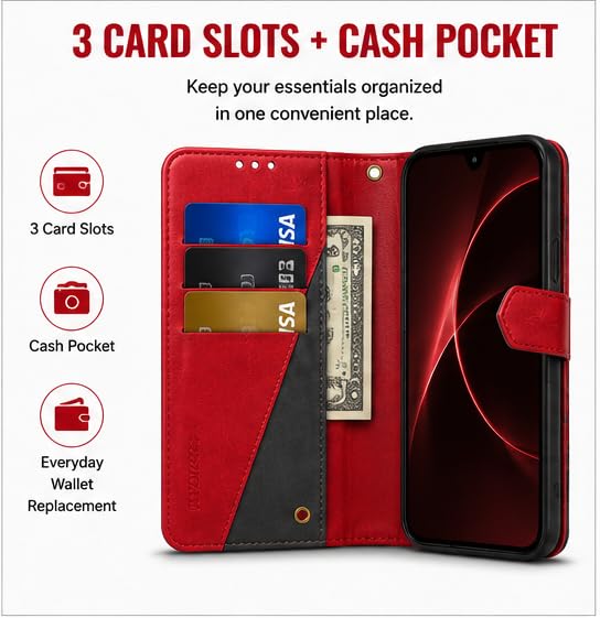 Image of HushLush Premium Flip Cover Compatible for Redmi A7 Pro | Shockproof Wallet Style Protective Case with Card Slots, Magnetic Closure, Stand Function & Full Body Protection (Dual Tone Metallic) (Red)