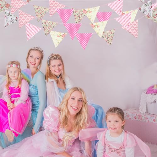 Image of Zwiebeco 32Ft Pink Floral Fabric Bunting Triangle Flags Cotton Flower Pennant Banner Decoration for Birthday Wedding Engagement Baby Shower Tea Party Spring Rustic Village Home Garden Decor