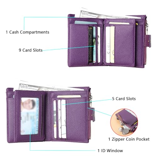Ladies' fashionable leather wallet, large capacity, multiple card slots, zipper and snap closure, RFID shielding protection credit card clip, short wallet (Deep purple)3