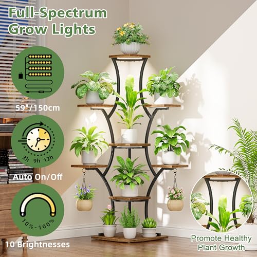 Image of Corner Indoor Plant Stand With Grow Lights, 8 Tier, 52.6 inch Tall | Plant Shelf, Flower Holder, Display Rack,Heavy Duty Anti-rust Iron Pipes, Water-resistant & Anti-corrosive Wood, Auto Timer