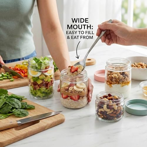 Image of JBHO 6-pack 16 oz Overnight Oats Containers with Lids, Glass jars with Airtight Lids, Wide mouth Mason Salad jars, Glass Food Storage Containers for Snacks Yogurt Spice Sugar