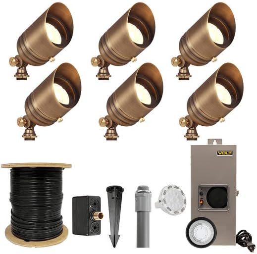 VOLT 12V Brass Fat Boy LED Outdoor Spotlight 6-Pack Kit (Bronze) with 150W Low Voltage Transformer for Landscape Lighting of Yard, Lawn, Garden, Patio, Trees & House