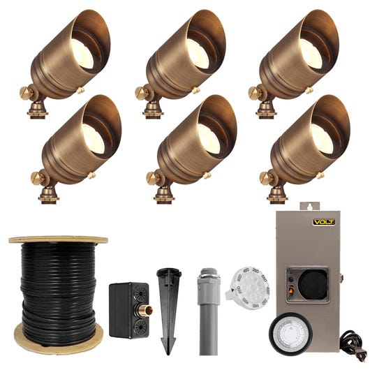 VOLT 12V Brass Fat Boy LED Outdoor Spotlight 6-Pack Kit (Bronze) with 150W Low Voltage Transformer for Landscape Lighting of Yard, Lawn, Garden, Patio, Trees & House