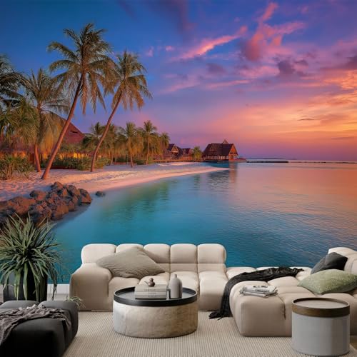 WHUOEUCO Carta da Parati 3D Tramonto palme spiaggia 200x140 cm Fotomurali in TNT Murale alla Moda, Decorazione da Muro Poster Gigante Design Carta per Pareti