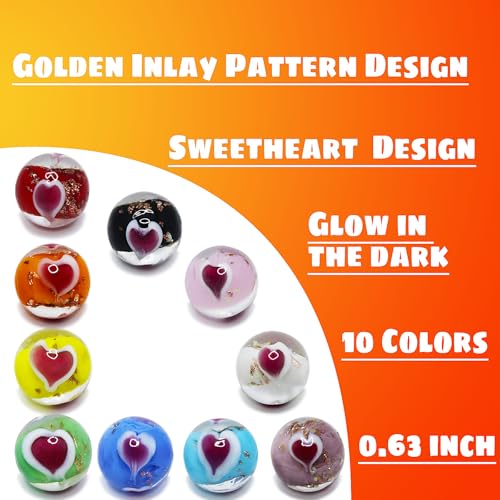 Image of VEALIZUU 10 PCS Glass Marbles for Kids - 0.63inch Handmade Colorful Heart and Glow in The Dark Marbles - Games Accessories for Boys and Girls - Unique Bulk for Home Decoration