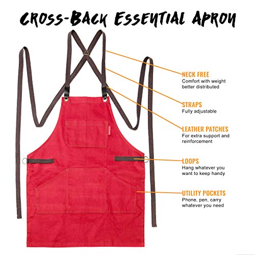 Under NY Sky Essential Cherry Red Apron – Cross-Back with Durable Twill and Leather Reinforcement – Adjustable for Men and Women – Pro Chef, Tattoo Artist, Baker, Barista, Bartender, Server Aprons - Thumbnail 2