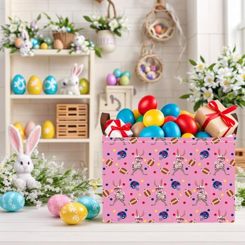 Image of Large Cute Easter Basket for Kid Empty Gift Baby Rectangle Storage Bin Bunny Eggs Boy&Girl Room Decor (Rabbit Rugby Pink)