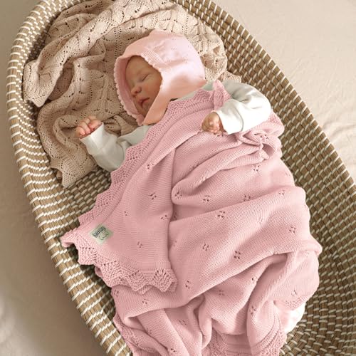 Image of mimixiong Cotton Baby Blanket Knitted Crochet Receiving Crib | Nursery Swaddling Blankets for Newborn Baby Boy Girl Pastel Pink 30x40 Inch