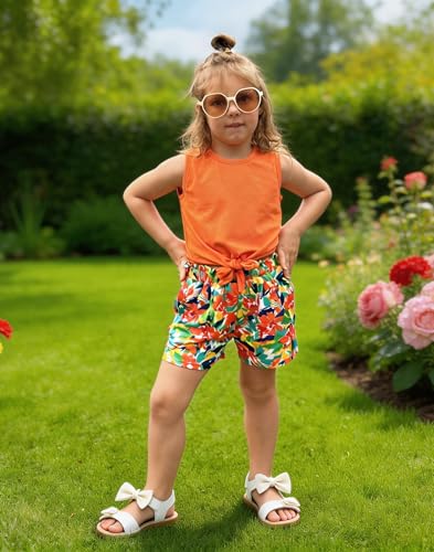 Image of Arshiner Girl's 2 Piece Outfits Tie Knot Tank Top and Paperbag Waist Pocketed Summer Short Sets