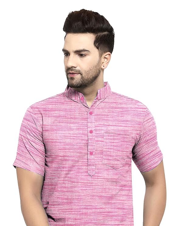 Image of Khadie Cotton Blend Solid Casual Regular Fit Mandarin /Chinese Collor Short Kurta for Men