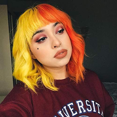 ENTRANCED STYLES Short Wavy Bob Wigs with Bangs for Women Synthetic Curly Bob Wig Shoulder Length Yellow and Orange Hair Girl's Synthetic Colorful Hair for Halloween Costume Cosplay Wear