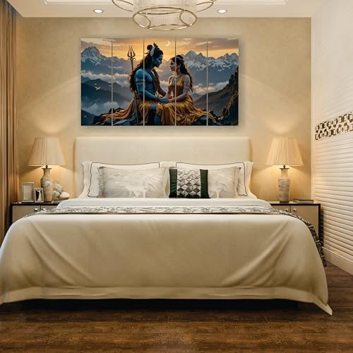 Image of RAVLEX Shiv Parvati Wall Painting for Living Room, Wooden Framed UV Printed Wall Art for Bedroom, Office, Hotel and Drawing Room, Multi Panel Decorative Painting, 24 x 48 Inch