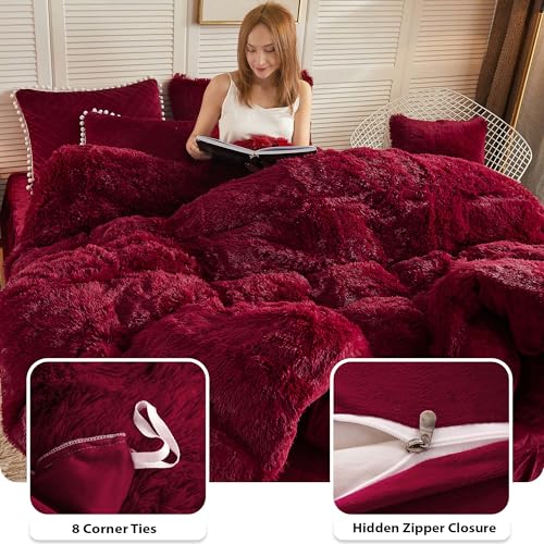 Image of LIFEREVO Luxury Plush Shaggy Duvet Cover Set, Soft Velvet Fluffy Furry Duvet Cover Set(1 Faux Fur Fuzzy Comforter Cover+2 Pom Poms Pillow Shams)Christmas Bedding Set, with Zipper(Full /Queen, Burgundy)