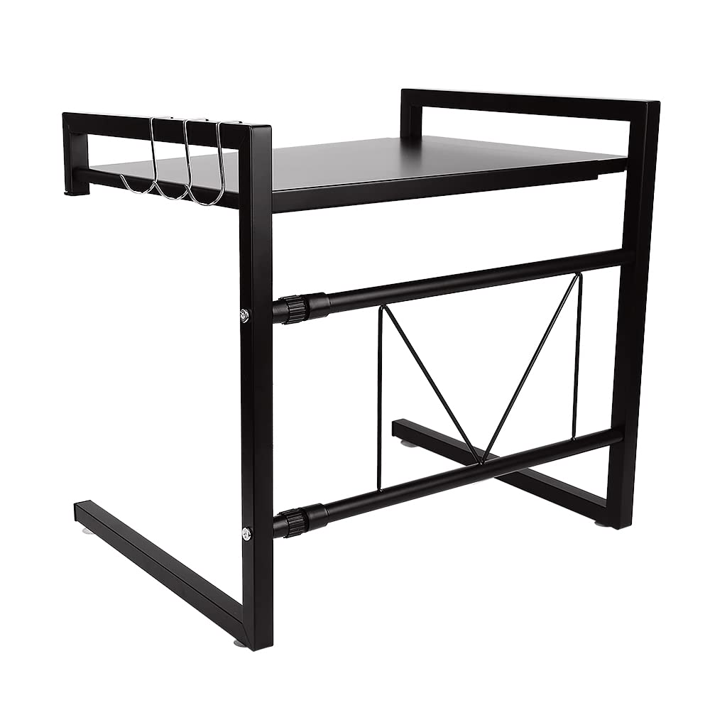 Supfine Étagère pour micro-ondes, extensible à 2 niveaux avec 3 crochets, étagère peu encombrante et organiseur, longueur extensible : 40 à 65 cm (noir)
