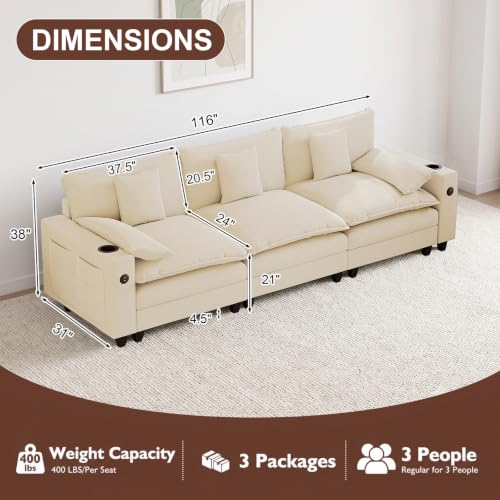 Image of KCGKCG 116 inch 3-Seater Cloud Sofa, Modular Sectional Couch, Chenille Deep Seat Cloud Couch with Charging Station, Cup Holder, Side Pocket, Double Layer Seat Cushion Couches for Living Room, Beige