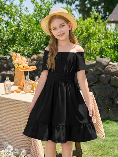 Haloumoning Girls Ruffle Short Sleeve Tie Back Dress Kids Summer Off Shoulder A-line Dresses 5-14 Years2