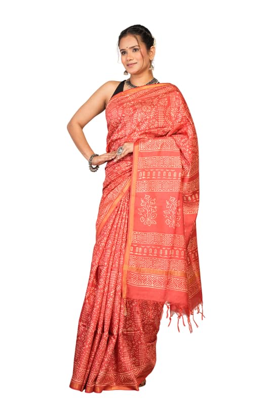 Women's Light Pink Bhagalpuri Cotton Silk Gold Border Discharge Hand Block Ethnic Saree With Blouse-picture-15